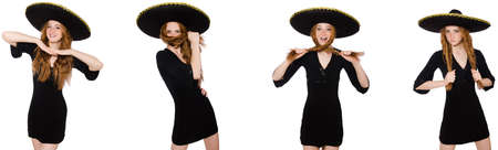 Young redhead lady in black dress with black sombreroの写真素材