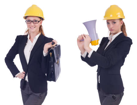 Female builder with megaphone isolated on white backgroundの写真素材