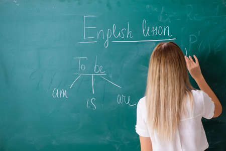 Young female english language teacher standing in front of the bの写真素材
