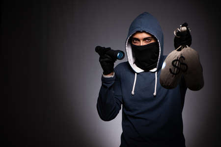 Young gangster in hood on grey backgroundの写真素材