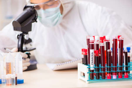 Young handsome lab assistant testing blood samples in hospital