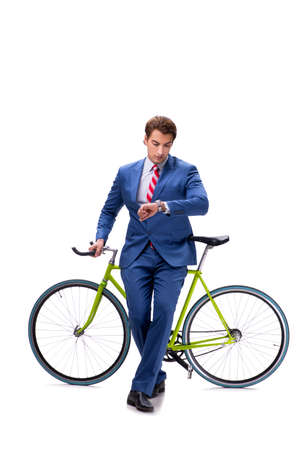 Businessman with bicycle isolated on white backgroundの写真素材