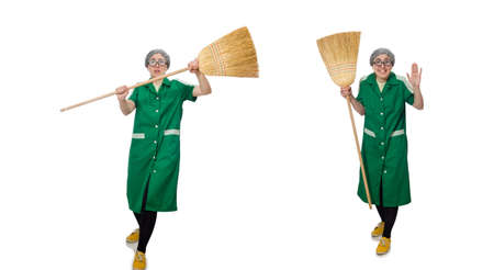 Woman with sweeping brush isolated on whiteの写真素材