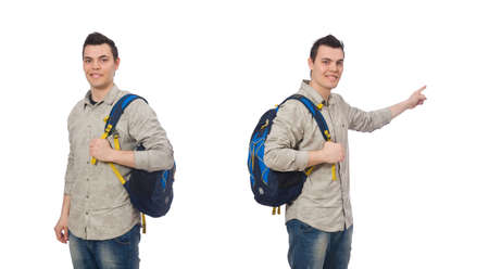 Smiling caucasian student with backpack isolated on whiteの写真素材