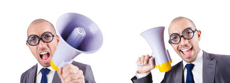 Funny man with loudspeaker on whiteの写真素材