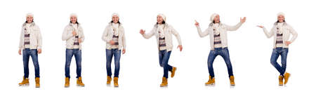 Young man in winter clothes isolated on whiteの写真素材