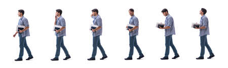 Young student with book and notes isolated on whiteの写真素材