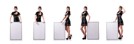 Stewardess with blank board on whiteの写真素材