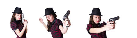 Woman gangster with handgun on whiteの写真素材