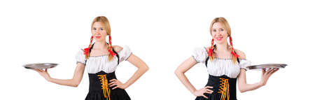 Young waitress with tray on whiteの写真素材