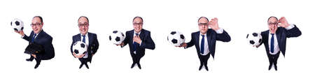 Businessman with football on whiteの写真素材