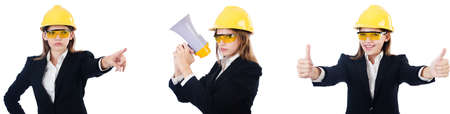 Female builder with megaphone isolated on white backgroundの写真素材