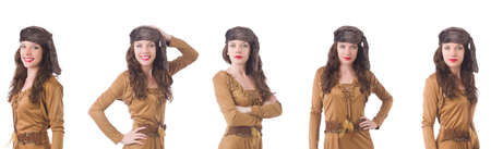 Woman in brown dress isolated on white backgroundの写真素材