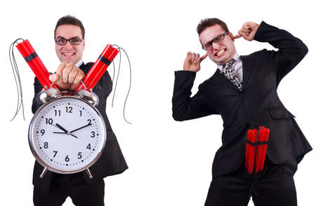 Man with time bomb isolated on white backgroundの写真素材