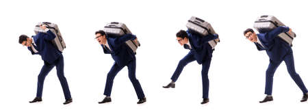 Businessman facing excess charges due to heavy suitcaseの写真素材