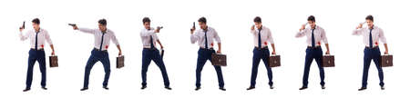 Businessman wounded in gun fight isolated on whiteの写真素材