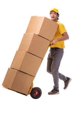 Young male courier with boxの写真素材