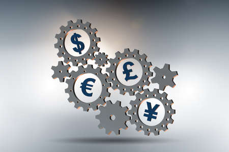 Cogwheels with various currencies - 3d renderingの写真素材