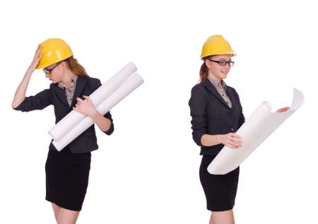 Female architect with blueprint isolated in whiteの写真素材