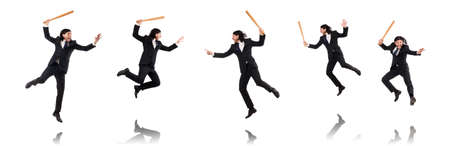Young elegant man holding bat isolated on whiteの写真素材