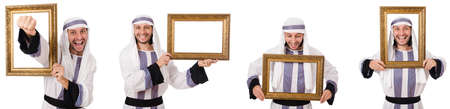 Arab man with picture frame isolated on whiteの写真素材