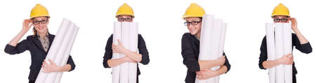 Female architect with blueprint isolated in white
