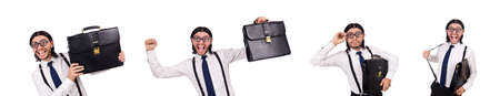 Young businessman holding briefcase isolated on white backgroundの写真素材