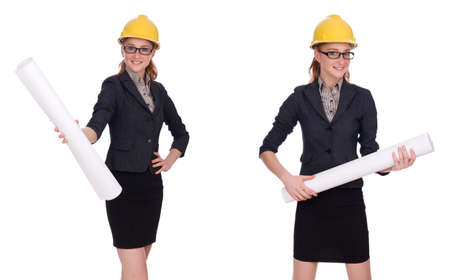 Female architect with blueprint isolated in whiteの写真素材