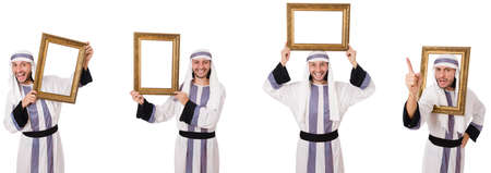 Arab man with picture frame isolated on whiteの写真素材