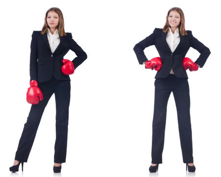 Businesswoman with boxing gloves isolated on white backgroundの写真素材