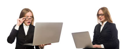 Pretty office employee with laptop isolated on white