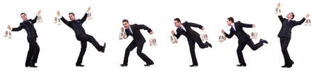 Businessman with money sacks isolated on white