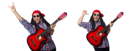 Man with dreadlocks holding guitar isolated on whiteの写真素材