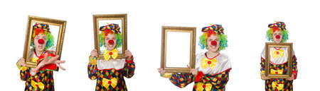 Funny clown girl with frame isolated on whiteの写真素材