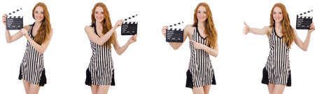 Young beautiful woman holding clapper-boardの写真素材