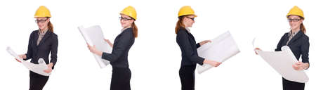 Female architect with blueprint isolated in whiteの写真素材