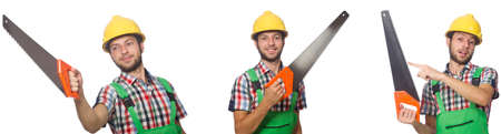 Industrial worker with saw isolated on whiteの写真素材