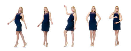Beautiful pregnant woman in blue dress isolated on whiteの写真素材