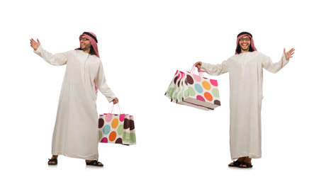 Arab man with shopping bags on whiteの写真素材