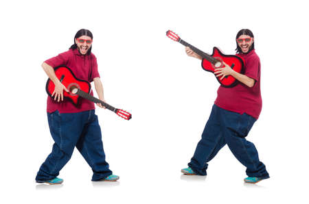 Fat man with guitar isolated on whiteの写真素材