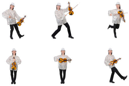 Young man playing violin isolated on whiteの写真素材