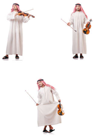 Arab man playing violin isolated on whiteの写真素材