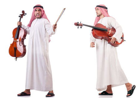 Arab man playing cello isolated on whiteの写真素材