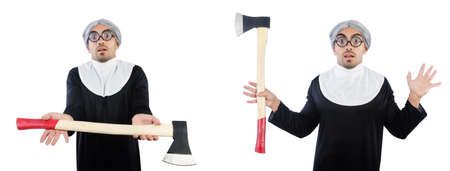 Weird male nun with hatchet