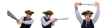 One-eyed man with weapon isolated on whiteの写真素材