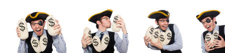 One-eyed man with moneybags isolated on whiteの写真素材