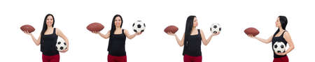 Woman with football isolated on whiteの写真素材