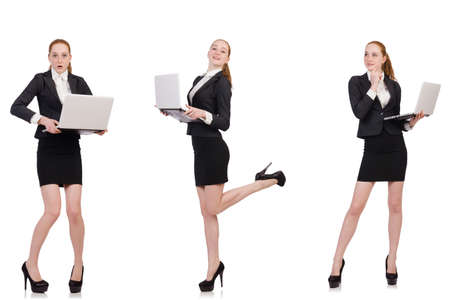 Businesswoman with laptop isolated on whiteの写真素材