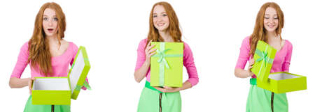 Beautiful woman in green skirt with giftbox