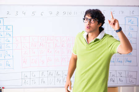 Young male student chemist in front of periodic table
